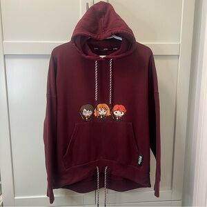 HARRY POTTER Maroon Hoodie with Cartoon Ron Weasley, Hermione Granger | Medium